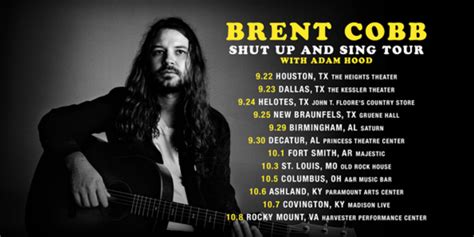 Brent cobb tour - Jun 11, 2023 · Brent Cobb Announces New Album ‘Southern Star’, Shares Tour Dates. Grammy-nominated singer, songwriter and musician Brent Cobb will release his anticipated new album, Southern Star, September 22 via Ol’ Buddy Records/Thirty Tigers. Produced by Cobb (his first self-produced album) and recorded at Macon’s famed Capricorn Sound Studios ... 